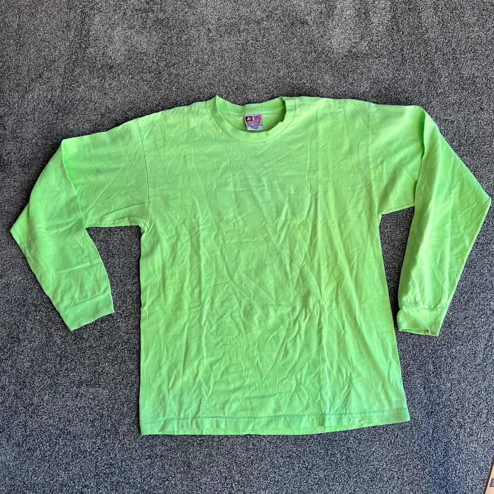 Bayside Mens XL Neon Green Long Sleeve T-Shirt Sonic Graphic Heavy Weight USA